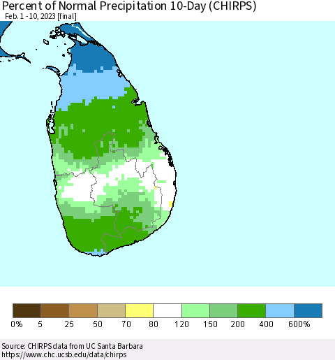 Sri Lanka Percent of Normal Precipitation 10-Day (CHIRPS) Thematic Map For 2/1/2023 - 2/10/2023