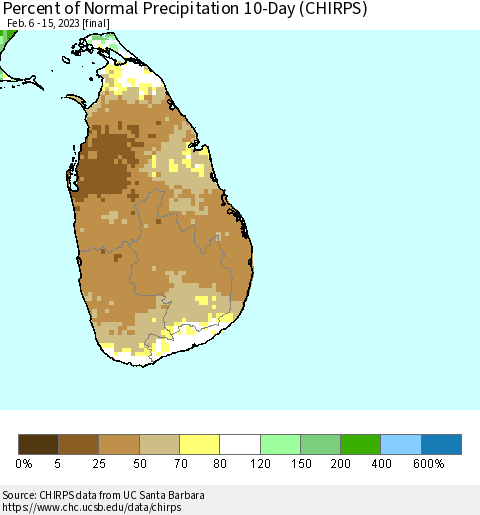 Sri Lanka Percent of Normal Precipitation 10-Day (CHIRPS) Thematic Map For 2/6/2023 - 2/15/2023