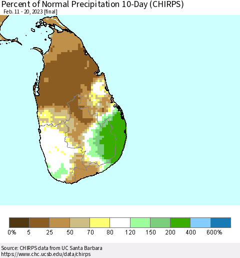 Sri Lanka Percent of Normal Precipitation 10-Day (CHIRPS) Thematic Map For 2/11/2023 - 2/20/2023