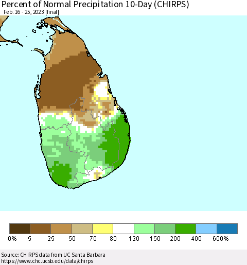 Sri Lanka Percent of Normal Precipitation 10-Day (CHIRPS) Thematic Map For 2/16/2023 - 2/25/2023