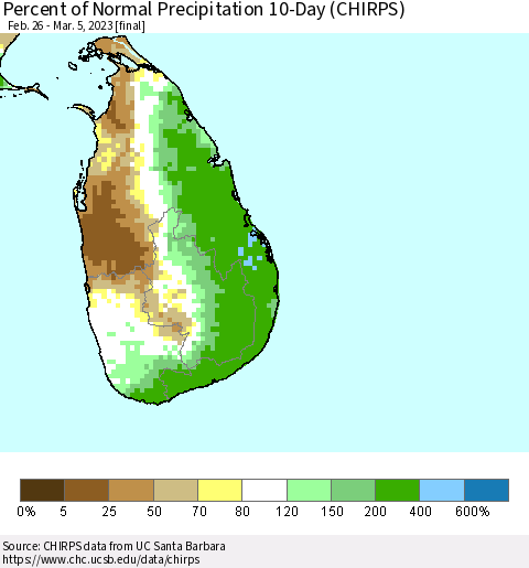 Sri Lanka Percent of Normal Precipitation 10-Day (CHIRPS) Thematic Map For 2/26/2023 - 3/5/2023