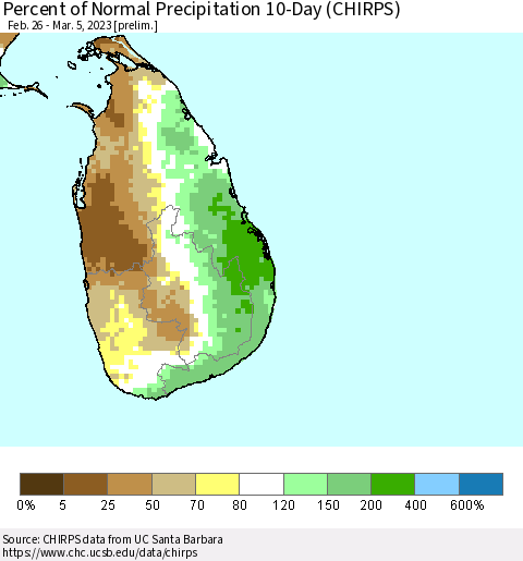 Sri Lanka Percent of Normal Precipitation 10-Day (CHIRPS) Thematic Map For 2/26/2023 - 3/5/2023