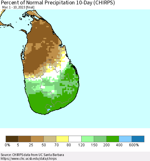 Sri Lanka Percent of Normal Precipitation 10-Day (CHIRPS) Thematic Map For 3/1/2023 - 3/10/2023