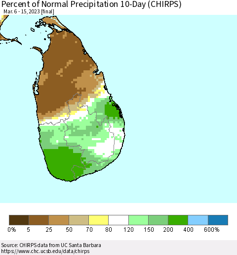 Sri Lanka Percent of Normal Precipitation 10-Day (CHIRPS) Thematic Map For 3/6/2023 - 3/15/2023