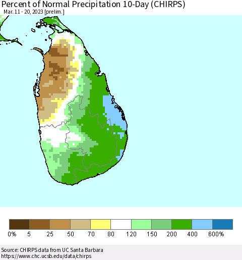 Sri Lanka Percent of Normal Precipitation 10-Day (CHIRPS) Thematic Map For 3/11/2023 - 3/20/2023