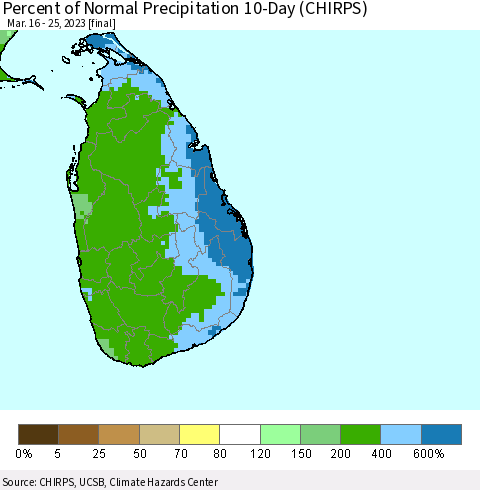 Sri Lanka Percent of Normal Precipitation 10-Day (CHIRPS) Thematic Map For 3/16/2023 - 3/25/2023