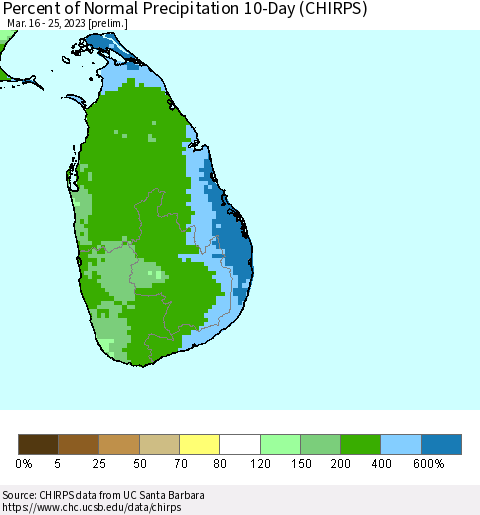 Sri Lanka Percent of Normal Precipitation 10-Day (CHIRPS) Thematic Map For 3/16/2023 - 3/25/2023