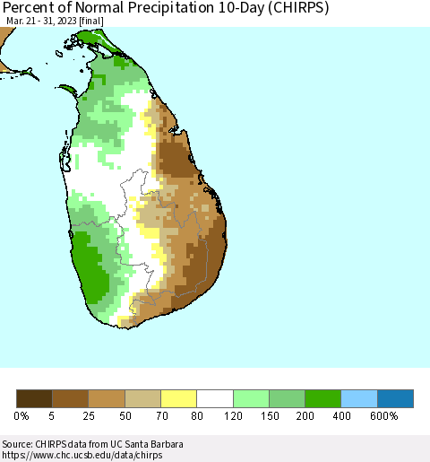 Sri Lanka Percent of Normal Precipitation 10-Day (CHIRPS) Thematic Map For 3/21/2023 - 3/31/2023