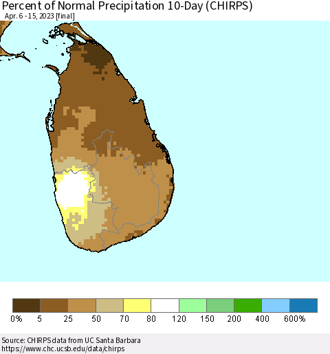 Sri Lanka Percent of Normal Precipitation 10-Day (CHIRPS) Thematic Map For 4/6/2023 - 4/15/2023