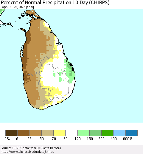 Sri Lanka Percent of Normal Precipitation 10-Day (CHIRPS) Thematic Map For 4/16/2023 - 4/25/2023