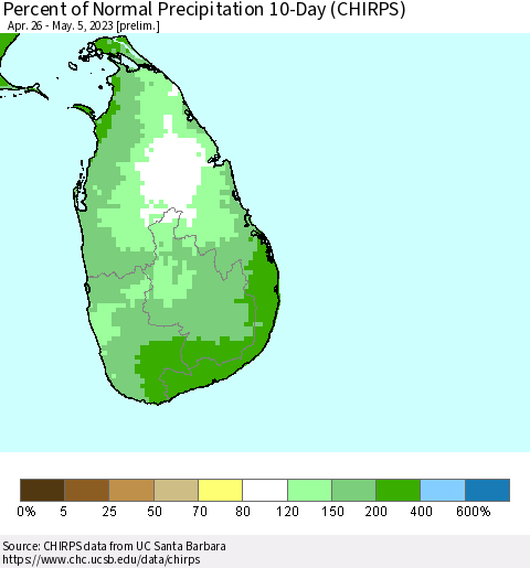 Sri Lanka Percent of Normal Precipitation 10-Day (CHIRPS) Thematic Map For 4/26/2023 - 5/5/2023