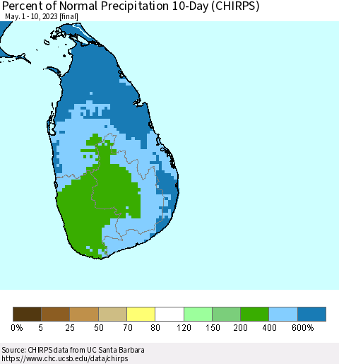 Sri Lanka Percent of Normal Precipitation 10-Day (CHIRPS) Thematic Map For 5/1/2023 - 5/10/2023