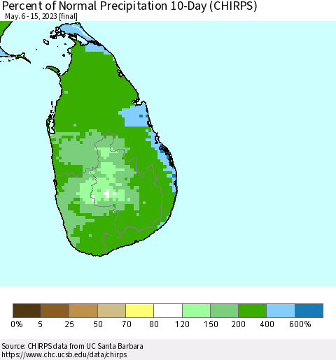Sri Lanka Percent of Normal Precipitation 10-Day (CHIRPS) Thematic Map For 5/6/2023 - 5/15/2023