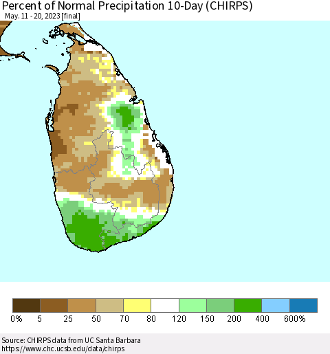 Sri Lanka Percent of Normal Precipitation 10-Day (CHIRPS) Thematic Map For 5/11/2023 - 5/20/2023