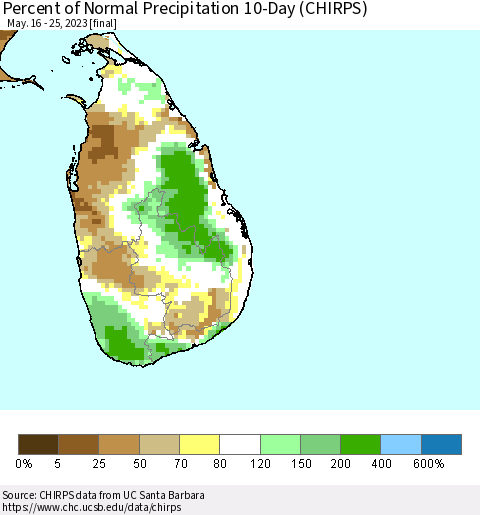 Sri Lanka Percent of Normal Precipitation 10-Day (CHIRPS) Thematic Map For 5/16/2023 - 5/25/2023