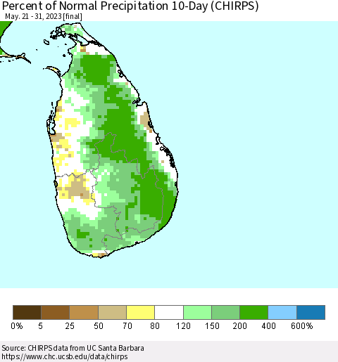 Sri Lanka Percent of Normal Precipitation 10-Day (CHIRPS) Thematic Map For 5/21/2023 - 5/31/2023