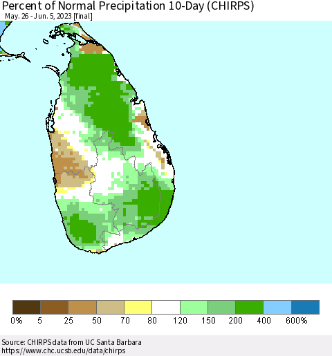Sri Lanka Percent of Normal Precipitation 10-Day (CHIRPS) Thematic Map For 5/26/2023 - 6/5/2023