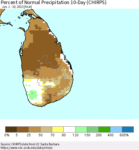 Sri Lanka Percent of Normal Precipitation 10-Day (CHIRPS) Thematic Map For 6/1/2023 - 6/10/2023