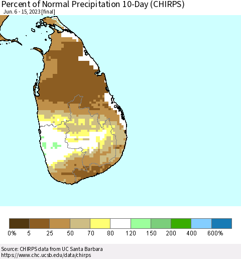 Sri Lanka Percent of Normal Precipitation 10-Day (CHIRPS) Thematic Map For 6/6/2023 - 6/15/2023