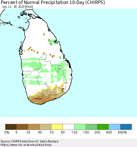 Sri Lanka Percent of Normal Precipitation 10-Day (CHIRPS) Thematic Map For 6/11/2023 - 6/20/2023