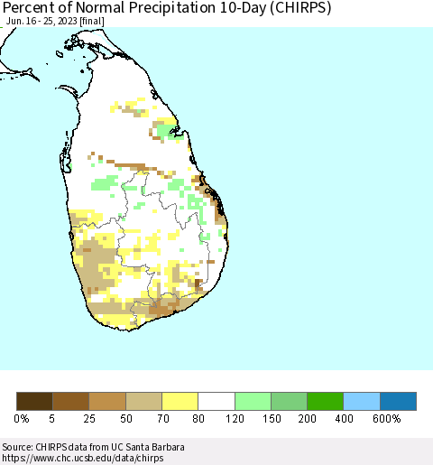 Sri Lanka Percent of Normal Precipitation 10-Day (CHIRPS) Thematic Map For 6/16/2023 - 6/25/2023