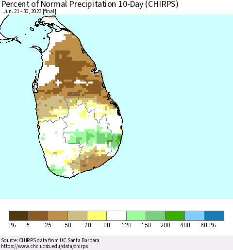 Sri Lanka Percent of Normal Precipitation 10-Day (CHIRPS) Thematic Map For 6/21/2023 - 6/30/2023
