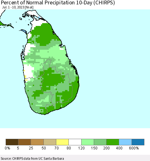 Sri Lanka Percent of Normal Precipitation 10-Day (CHIRPS) Thematic Map For 7/1/2023 - 7/10/2023