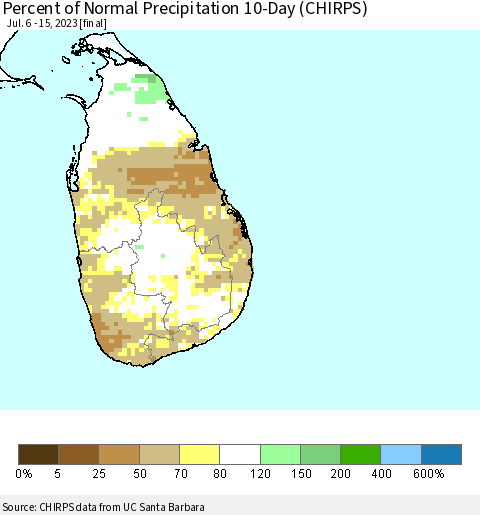 Sri Lanka Percent of Normal Precipitation 10-Day (CHIRPS) Thematic Map For 7/6/2023 - 7/15/2023