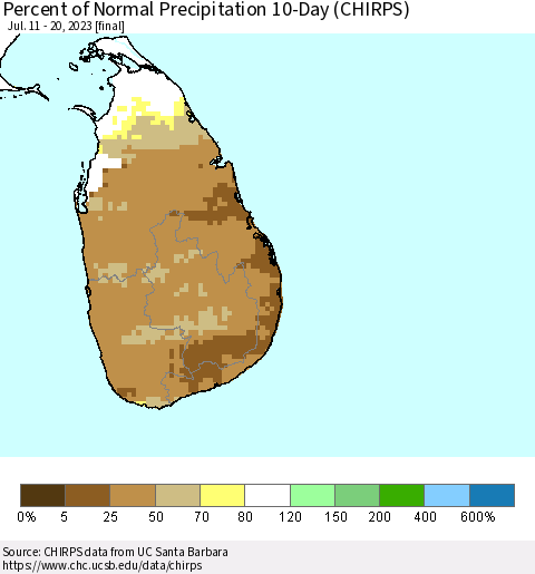 Sri Lanka Percent of Normal Precipitation 10-Day (CHIRPS) Thematic Map For 7/11/2023 - 7/20/2023