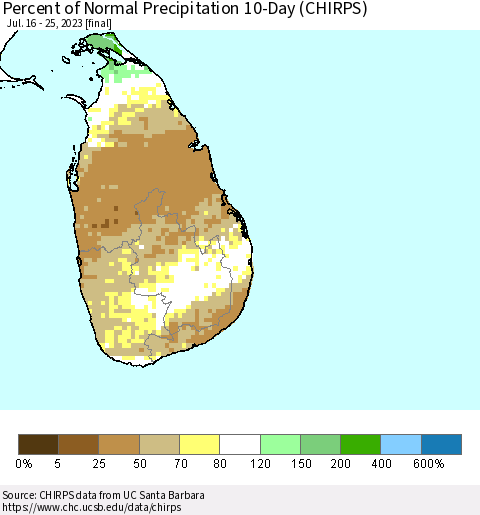Sri Lanka Percent of Normal Precipitation 10-Day (CHIRPS) Thematic Map For 7/16/2023 - 7/25/2023