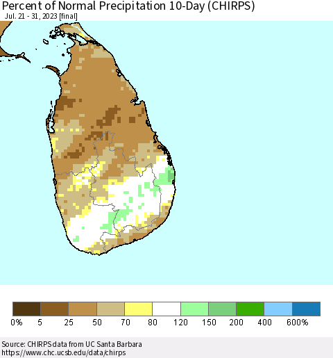 Sri Lanka Percent of Normal Precipitation 10-Day (CHIRPS) Thematic Map For 7/21/2023 - 7/31/2023