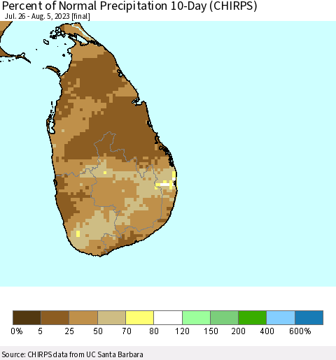 Sri Lanka Percent of Normal Precipitation 10-Day (CHIRPS) Thematic Map For 7/26/2023 - 8/5/2023