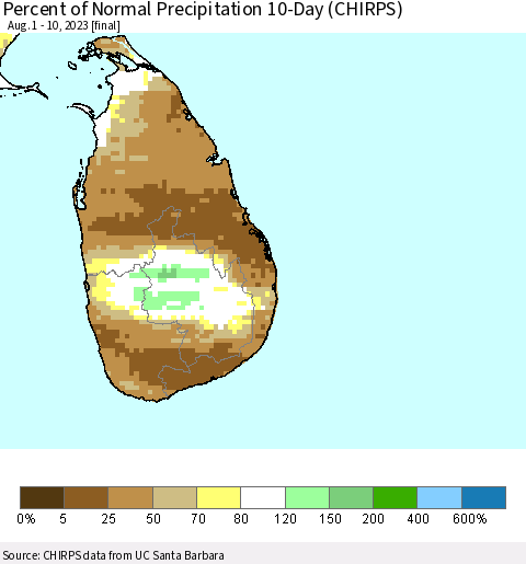 Sri Lanka Percent of Normal Precipitation 10-Day (CHIRPS) Thematic Map For 8/1/2023 - 8/10/2023