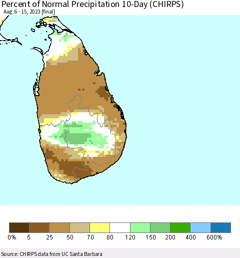 Sri Lanka Percent of Normal Precipitation 10-Day (CHIRPS) Thematic Map For 8/6/2023 - 8/15/2023