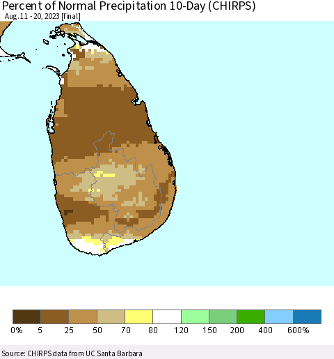 Sri Lanka Percent of Normal Precipitation 10-Day (CHIRPS) Thematic Map For 8/11/2023 - 8/20/2023