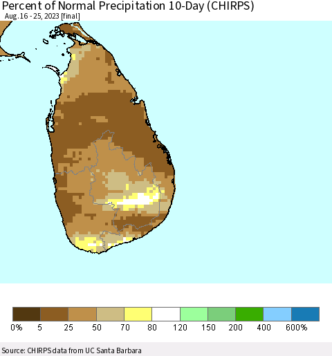 Sri Lanka Percent of Normal Precipitation 10-Day (CHIRPS) Thematic Map For 8/16/2023 - 8/25/2023