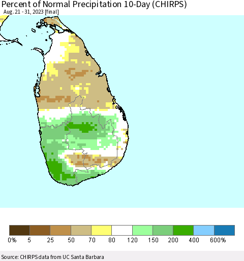 Sri Lanka Percent of Normal Precipitation 10-Day (CHIRPS) Thematic Map For 8/21/2023 - 8/31/2023