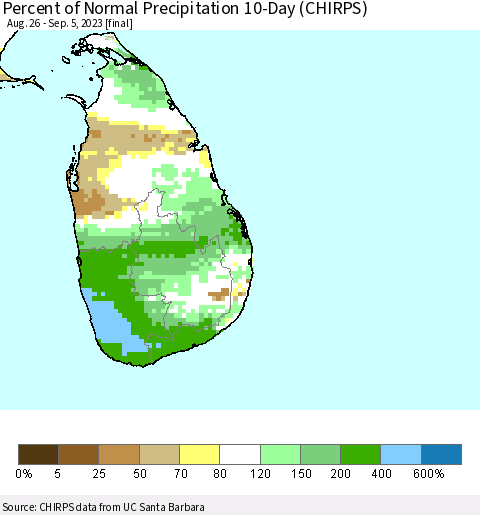 Sri Lanka Percent of Normal Precipitation 10-Day (CHIRPS) Thematic Map For 8/26/2023 - 9/5/2023
