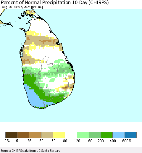 Sri Lanka Percent of Normal Precipitation 10-Day (CHIRPS) Thematic Map For 8/26/2023 - 9/5/2023