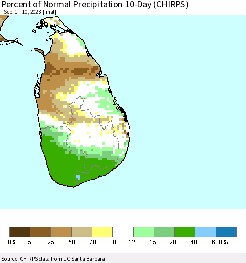 Sri Lanka Percent of Normal Precipitation 10-Day (CHIRPS) Thematic Map For 9/1/2023 - 9/10/2023