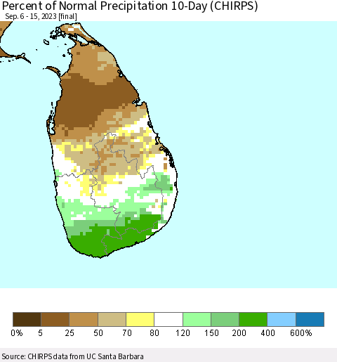 Sri Lanka Percent of Normal Precipitation 10-Day (CHIRPS) Thematic Map For 9/6/2023 - 9/15/2023