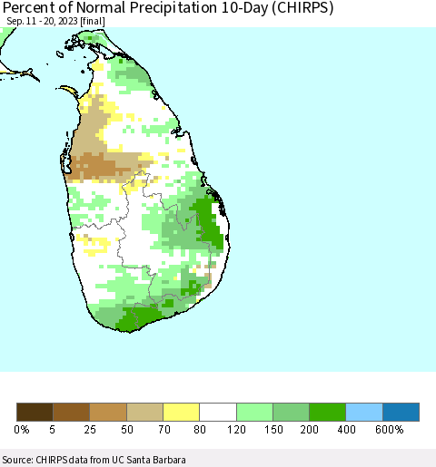 Sri Lanka Percent of Normal Precipitation 10-Day (CHIRPS) Thematic Map For 9/11/2023 - 9/20/2023