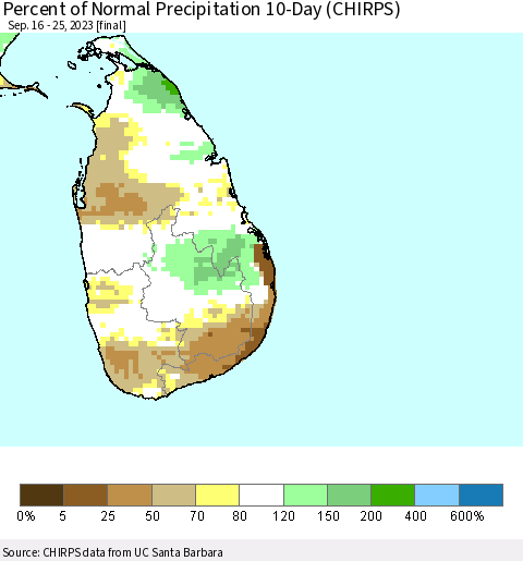 Sri Lanka Percent of Normal Precipitation 10-Day (CHIRPS) Thematic Map For 9/16/2023 - 9/25/2023