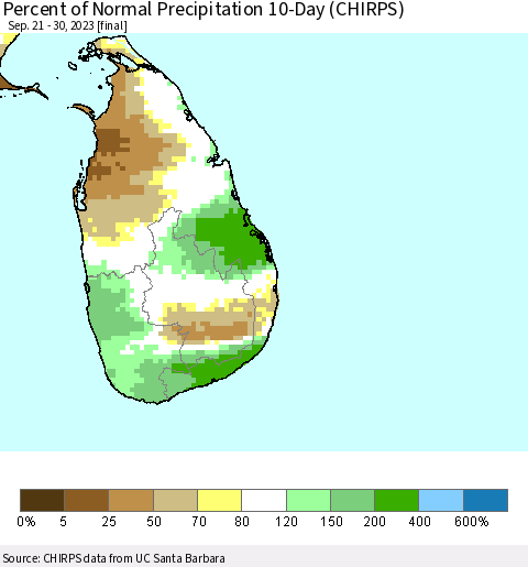 Sri Lanka Percent of Normal Precipitation 10-Day (CHIRPS) Thematic Map For 9/21/2023 - 9/30/2023