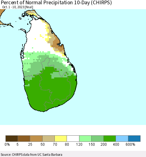 Sri Lanka Percent of Normal Precipitation 10-Day (CHIRPS) Thematic Map For 10/1/2023 - 10/10/2023