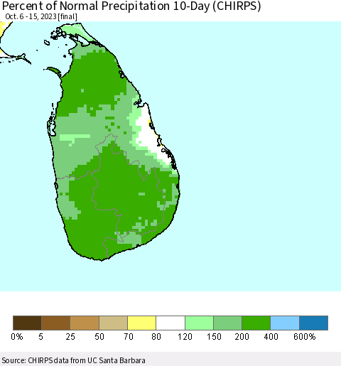 Sri Lanka Percent of Normal Precipitation 10-Day (CHIRPS) Thematic Map For 10/6/2023 - 10/15/2023