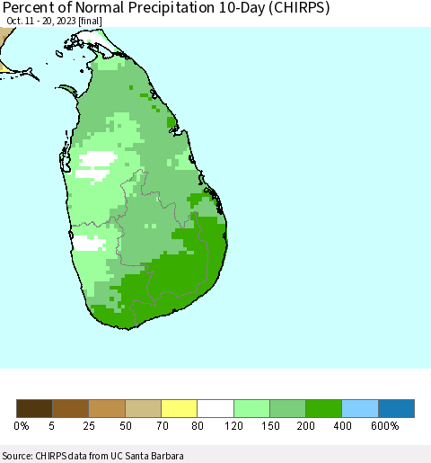 Sri Lanka Percent of Normal Precipitation 10-Day (CHIRPS) Thematic Map For 10/11/2023 - 10/20/2023