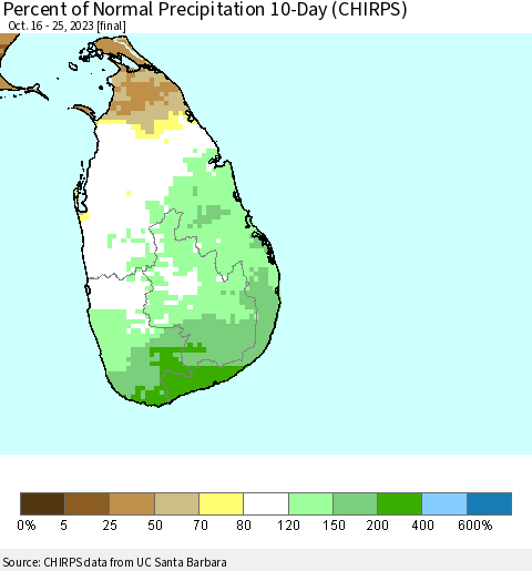 Sri Lanka Percent of Normal Precipitation 10-Day (CHIRPS) Thematic Map For 10/16/2023 - 10/25/2023