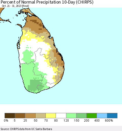 Sri Lanka Percent of Normal Precipitation 10-Day (CHIRPS) Thematic Map For 10/21/2023 - 10/31/2023