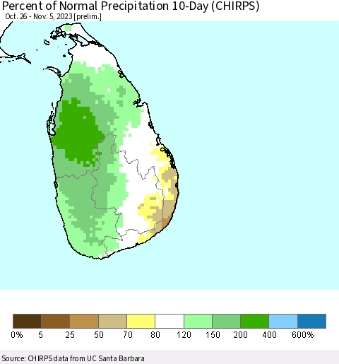 Sri Lanka Percent of Normal Precipitation 10-Day (CHIRPS) Thematic Map For 10/26/2023 - 11/5/2023